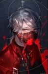  1boy aesop_carl artist_name belt blood blood_splatter bloody_clothes capelet cross exorcist_(identity_v) gloves grey_hair highres identity_v kukatsuma looking_at_viewer male_focus mask mouth_mask official_alternate_costume ponytail red_capelet red_eyes simple_background solo spikes surgical_mask twitter_username upper_body 