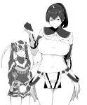  2girls absurdres breasts hermitaur_(armor) highres kaga_(kantai_collection) kantai_collection kirin_(armor) large_breasts lightning_crotch medium_hair monochrome monster_hunter multiple_girls navel short_hair takaman_(gaffe) twintails zuikaku_(kantai_collection) 