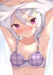  1girl armpits arms_up bangs bare_shoulders blush bow bow_bra bra closed_mouth collarbone commentary_request eyebrows_visible_through_hair flower grey_hair hair_between_eyes hair_flower hair_ornament head_tilt highres kokkoro_(princess_connect!) looking_at_viewer navel plaid plaid_bra princess_connect! princess_connect!_re:dive purple_bra raru0310 solo underwear undressing violet_eyes wavy_mouth white_flower 