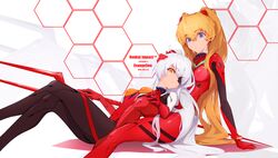  2girls absurdres blue_eyes bodysuit breasts chinese_commentary copyright_name cosplay crossover dated evangelion:_3.0_you_can_(not)_redo heitian_keji highres holding holding_lance holding_polearm holding_weapon honkai_(series) honkai_impact_3rd kiana_kaslana lance lance_of_longinus long_hair looking_at_viewer multiple_girls neon_genesis_evangelion one_eye_covered orange_hair pilot_suit plugsuit polearm rebuild_of_evangelion shikinami_asuka_langley shikinami_asuka_langley_(cosplay) skin_tight small_breasts souryuu_asuka_langley twintails very_long_hair weapon white_hair yellow_eyes 