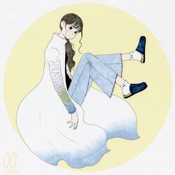  1girl awai880 bangs black_eyes black_footwear black_hair black_shirt blue_pants blunt_bangs circle coat full_body gradient_coat legs_up long_hair long_sleeves original pants ponytail shirt signature slippers socks solo white_coat white_legwear 