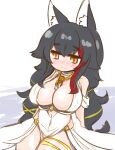  1girl alternate_costume animal_ear_fluff animal_ears bangs black_hair blush breasts brown_eyes cosplay_request covered_navel dress eyebrows_visible_through_hair hololive large_breasts looking_down multicolored_hair nekoyama ookami_mio redhead solo streaked_hair thigh_strap virtual_youtuber white_dress wolf_ears wolf_girl 
