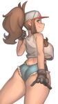  1girl adapted_costume alternate_breast_size ass baseball_cap black_gloves blue_eyes blue_shorts breasts brown_hair crop_top crop_top_overhang cutoffs denim denim_shorts flat_ass freckles from_behind gloves hat high_ponytail highleg highleg_panties highres hilda_(pokemon) holding holding_poke_ball kelvin_hiu large_breasts long_hair looking_at_viewer panties poke_ball poke_ball_(basic) pokemon pokemon_(game) pokemon_bw short_shorts shorts sidelocks smile solo standing tank_top thick_thighs thighs under_boob underwear white_background 