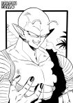  1boy antennae bald dragon_ball dragon_ball_(classic) fingernails greyscale highres male_focus monochrome open_mouth piccolo pointy_ears smile solo torn_clothes tukiwani 