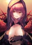  1girl bangs breast_curtains breasts fate/grand_order fate_(series) fur_collar gloves gradient gradient_background highres hood hood_up large_breasts long_hair looking_at_viewer purple_hair red_eyes scathach_(fate)_(all) scathach_(fate/grand_order) shimotsuki_shio smile spikes 
