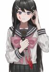  1girl adjusting_hair arm_up bangs black_hair black_sailor_collar black_skirt blood blood_on_face bloody_weapon blue_eyes blush bright_pupils closed_mouth commentary cowboy_shot dangan_ronpa:_trigger_happy_havoc dangan_ronpa_(series) expressionless eyelashes hair_ornament hairclip highres holding holding_knife knife long_hair long_sleeves looking_at_viewer maizono_sayaka neckerchief pink_neckwear pink_pupils renshu_usodayo sailor_collar simple_background skirt solo sweat swept_bangs weapon white_background 