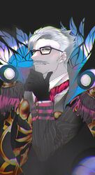  1boy black-framed_eyewear black_background black_gloves chromatic_aberration epaulettes facial_hair fate/grand_order fate_(series) glasses gloves grey_hair hand_on_own_chin highres james_moriarty_(fate/grand_order) jpeg_artifacts long_sleeves male_focus mustache old old_man pale_skin red_neckwear short_hair solo striped_suit trstfx_(lina) upper_body 