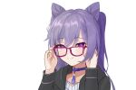  1girl animal_ears braid genshin_impact glasses hands_up highres keqing_(genshin_impact) long_hair long_sleeves looking_at_viewer mengfeng2575_(moekaze) purple_hair simple_background smile solo twintails upper_body violet_eyes white_background 
