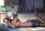  1girl alternate_breast_size alternate_costume bangs bed bird_tail breasts brown_legwear can casual closed_mouth contemporary curtains elbow_rest feet_up grey_hair hair_between_eyes hair_intakes hands_up highres holding holding_can indoors john_(a2556349) kemono_friends lamp large_breasts long_hair long_sleeves looking_at_viewer lucky_beast_(kemono_friends) lying multicolored_hair on_bed on_stomach orange_hair pantyhose pencil_skirt picture_(object) picture_frame pillow shoebill_(kemono_friends) sidelocks skirt sleeves_past_wrists smile solo sweater tail yellow_eyes 