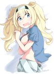  1girl blonde_hair blue_eyes blue_shirt blush breasts buttons eyebrows_visible_through_hair gambier_bay_(kancolle) hair_between_eyes hairband kantai_collection long_hair medium_breasts okitarou_(okiyo) open_clothes open_mouth open_shirt shirt short_sleeves shorts solo tears twintails twitter_username upper_body white_shorts 