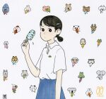  1girl awai880 bangs bear black_hair blue_skirt cat collared_shirt elephant food frog gorilla hair_bun koala original panda pig popsicle reindeer rhinoceros sheep shirt short_sleeves signature skirt solo tiger upper_body white_shirt zebra 