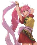  1girl a_(user_vtsy8742) arms_up dancer dancing dress fire_emblem fire_emblem:_mystery_of_the_emblem hair_ribbon highres jewelry long_hair phina_(fire_emblem) pink_eyes pink_hair ponytail ribbon smile solo 