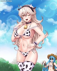  2021 2girls absurdres animal_ears animal_print azura_(fire_emblem) bell bikini blue_hair chinese_zodiac corrin_(fire_emblem) corrin_(fire_emblem)_(female) cow cow_ears cow_girl cow_horns cow_print cow_tail fire_emblem fire_emblem_fates fire_emblem_heroes highres horns long_hair looking_at_viewer multiple_girls navel new_year one_eye_closed patdarux print_bikini red_eyes swimsuit tail whip white_hair year_of_the_ox yellow_eyes yuri 