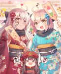  3girls ahoge aqua_kimono bangs blue_kimono blush chibi chibi_inset cowboy_shot dark_skin dual_persona facepaint fate/grand_order fate_(series) floral_print hagoita hair_between_eyes hair_ornament hane_(hanetsuki) hanetsuki holding_paddle japanese_clothes kanzashi kimono koha-ace looking_at_viewer multiple_girls new_year obi obiage obijime oda_nobunaga_(fate) oda_nobunaga_(fate)_(all) okita_souji_(alter)_(fate) okita_souji_(fate) okita_souji_(fate)_(all) paddle polar_opposites red_kimono rioshi sash scarf smile wide_sleeves yellow_eyes 