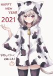  1girl 2021 animal_ears animal_hood animal_print bangs bell black_legwear blush brown_eyes brown_hair cat_ears cat_hood cat_tail closed_mouth commentary_request cow_print eyebrows_visible_through_hair fake_animal_ears grey_background hair_between_eyes hand_up happy_new_year hayashi_maka highres hood hood_up hooded_jacket jacket long_sleeves looking_at_viewer new_year original print_jacket simple_background smile solo tail thigh-highs translation_request white_jacket wide_sleeves 