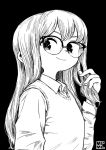  1girl black_background black_eyes collared_shirt glasses greyscale hand_up kawatarou long_hair long_sleeves looking_at_viewer monochrome original shirt signature simple_background smile solo vest 