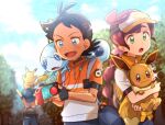  1girl 2boys antenna_hair arms_up ash_ketchum bangs baseball_cap black_gloves black_hair black_headwear blue_eyes blurry blush chitozen_(pri_zen) chloe_(pokemon) clouds commentary_request day eevee eyelashes fingerless_gloves gen_1_pokemon gen_8_pokemon gloves goh_(pokemon) green_eyes hair_ornament hat holding holding_pokemon long_hair multiple_boys on_head on_shoulder open_mouth outdoors pikachu pokemon pokemon_(anime) pokemon_(creature) pokemon_on_head pokemon_on_shoulder pokemon_swsh_(anime) short_sleeves sky smile sobble sparkle spread_fingers tongue 