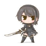  1girl black_dress black_eyes black_hair black_hairband blush boots chibi cosplay dress eyebrows_visible_through_hair hairband high_heel_boots high_heels holding holding_sword holding_weapon hololive nekoyama nier_(series) nier_automata oozora_subaru short_hair solo standing sword thigh-highs thigh_boots virtual_youtuber weapon yorha_no._2_type_b yorha_no._2_type_b_(cosplay) 