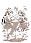  2girls ^_^ absurdres age_difference blush closed_eyes eating elbows_on_table feeding food heart highres ice_cream jin_taira long_hair miniskirt monochrome multiple_girls original pants ponytail sitting skirt striped striped_legwear two_side_up utensil_in_mouth yuri 