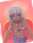  1girl artist_name bangs bare_arms bare_shoulders bikini blue_eyes blunt_bangs blush breasts commentary cropped_legs dangan_ronpa_(series) dangan_ronpa_v3:_killing_harmony dark_skin eyebrows_visible_through_hair highres jewelry long_hair looking_at_viewer navel necklace open_mouth qosic red_background shell_necklace sketch skirt smile solo swimsuit upper_teeth white_background white_bikini yonaga_angie 