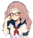  1girl black_sailor_collar blush closed_mouth copyright_request ddari glasses highres long_hair looking_at_viewer neckerchief pink_hair red-framed_eyewear red_neckwear sailor_collar school_uniform serafuku shirt short_sleeves simple_background solo upper_body white_background white_shirt wide-eyed yellow_eyes 