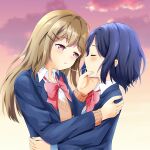  2girls adachi_sakura adachi_to_shimamura after_kiss blazer blush bow closed_eyes clouds commentary evening hair_ornament hairclip hug jacket light_brown_hair long_hair looking_at_another multiple_girls outdoors saliva saliva_trail school_uniform shimamura_hougetsu short_hair sky triangle_(zztg3775) upper_body violet_eyes yuri 