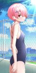  1girl alternate_costume arm_behind_back ass bare_arms bare_shoulders black_swimsuit blue_sky breasts chain-link_fence clouds competition_swimsuit day eyebrows_visible_through_hair fence from_side hair_ornament hair_over_one_eye hairclip hand_on_own_arm highres kiona_(giraffe_kiona) light_rays looking_at_viewer looking_to_the_side one-piece_swimsuit outdoors pink_hair ram_(re:zero) re:zero_kara_hajimeru_isekai_seikatsu red_eyes short_hair shoulder_blades sky small_breasts solo sunbeam sunlight swimsuit x_hair_ornament 
