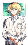  1boy :d bangs breast_pocket collared_shirt commentary_request cowboy_shot dangan_ronpa_(series) dangan_ronpa_another_episode:_ultra_despair_girls dated dress_shirt fujisaki_taichi glasses green_background happy_birthday kiri_(2htkz) long_sleeves looking_at_viewer male_focus open_mouth own_hands_together pocket rimless_eyewear shirt smile solo striped upper_body white_background 