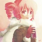  1girl brown_coat can coat commentary drill_hair drink fur-trimmed_coat fur_trim gloves holding holding_can kasane_teto looking_at_viewer np_eny open_mouth red_eyes red_gloves redhead scarf sidelighting smile solo twin_drills upper_body utau white_scarf 