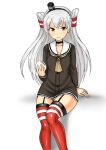  1girl amatsukaze_(kantai_collection) baozi brown_dress commentary_request dress food garter_straps grey_neckwear hair_tubes hat kantai_collection kudou_(ooabareteng) lifebuoy_ornament long_hair mini_hat neckerchief red_legwear sailor_dress short_dress silver_hair simple_background sitting smokestack_hair_ornament solo striped striped_legwear thigh-highs two_side_up white_background windsock 