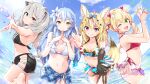  4girls :d ahoge animal_ear_fluff animal_ears arms_up bangs bare_shoulders bikini black_bikini black_gloves black_hair blonde_hair blue_bikini blue_hair blue_sky breasts clouds cowboy_shot double_bun earrings elbow_gloves elf eyebrows_visible_through_hair facing_to_the_side facing_viewer fang fingers_together fisheye flower fox_ears fox_girl fox_tail gloves green_eyes grey_hair grin hair_between_eyes hair_flower hair_ornament hair_ribbon heart_ahoge highres hololive in_water jewelry large_breasts lion_ears lion_girl lion_tail long_hair looking_at_viewer momosuzu_nene multicolored multicolored_bikini multicolored_clothes multicolored_hair multiple_girls omaru_polka open_mouth outdoors outstretched_arm outstretched_arms pink_hair pointy_ears red_bikini ribbon sarong shishiro_botan sky smile splashing striped striped_bikini swimsuit tail teeth v-shaped_eyebrows violet_eyes virtual_youtuber yellow_eyes yukihana_lamy yuyaiyaui 