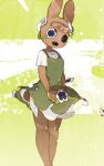  1girl animal_crossing animal_ears bangs black_eyes breasts brown_hair coco_(animal_crossing) collarbone dress flower furry green_background green_dress hair_flower hair_ornament hands_together highres holding holding_flower hollow_eyes jpeg_artifacts kuroi_moyamoya legs_together open_mouth pinafore_dress purple_flower rabbit_ears shirt short_hair short_sleeves sleeveless sleeveless_dress small_breasts solo standing white_shirt 