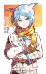  1boy bangs blue_eyes blue_hair blush closed_mouth commentary_request dangan_ronpa_(series) dangan_ronpa_another_episode:_ultra_despair_girls dated dress_shirt happy_birthday kiri_(2htkz) long_sleeves looking_at_viewer male_focus orange_background orange_scarf parted_bangs plaid plaid_jacket scarf shingetsu_nagisa shirt short_hair smile solo swept_bangs upper_body white_background 