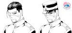  1boy black_eyes black_hair buttons closed_mouth collar collared_jacket commentary_request eyepatch facial_hair golden_kamuy greyscale gun hair_slicked_back hair_strand hat highres imperial_japanese_army kepi looking_at_viewer male_focus military military_hat military_uniform monochrome ogata_hyakunosuke scar scar_on_cheek scar_on_face short_hair simple_background spot_color star_(symbol) stubble tetsuko_gk undercut uniform upper_body watermark weapon white_background 