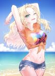  100zi 1girl arms_behind_head arms_up beach blonde_hair blue_eyes blue_shorts blue_sky casual commentary copyright_name cowboy_shot cutoffs day denim denim_shorts girls_und_panzer groin hair_intakes highres horizon kay_(girls_und_panzer) long_hair looking_at_viewer micro_shorts midriff navel ocean one_eye_closed orange_shirt outdoors print_shirt shirt short_sleeves shorts sky smile solo standing t-shirt tied_shirt wind 