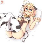  1girl alternate_costume animal_ears animal_print artist_logo bikini blonde_hair blue_eyes breasts commentary_request cow_ears cow_horns cow_print cow_tail dated fake_animal_ears fake_horns glasses highres horns i-8_(kantai_collection) kanon_(kurogane_knights) kantai_collection large_breasts looking_at_viewer low_twintails lying pillow red-framed_eyewear semi-rimless_eyewear side-tie_bikini simple_background smile solo swimsuit tail thigh-highs twintails under-rim_eyewear white_background white_bikini white_legwear 