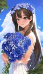  1girl absurdres bangs bare_shoulders blue_flower blue_rose blue_sky bouquet brown_hair clouds commentary_request day dress earrings eyebrows_visible_through_hair flower green_eyes hair_ornament highres holding holding_bouquet idolmaster idolmaster_cinderella_girls jewelry light_rays looking_at_viewer moon_(yfsp7823) outdoors parted_lips petals pleated_dress rose shibuya_rin sky sleeveless sleeveless_dress smile solo stud_earrings sunbeam sunlight upper_body white_dress 