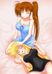  2girls bed blonde_hair breasts closed_eyes couple fate_testarossa graphite_(medium) happy lap_pillow long_hair lying lyrical_nanoha mahou_shoujo_lyrical_nanoha mahou_shoujo_lyrical_nanoha_strikers mahou_shoujo_lyrical_nanoha_vivid multiple_girls orange_hair panties raikkonen713 side_ponytail simple_background sitting sleepwear smile takamachi_nanoha traditional_media underwear very_long_hair yuri 