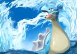  afloat day gen_1_pokemon highres ikei lapras looking_to_the_side mixed-language_commentary no_humans open_mouth outdoors pokemon pokemon_(creature) sky tongue water 