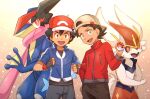  2boys artist_name ash-greninja ash_ketchum backwards_hat bangs baseball_cap black_hair black_shirt blue_eyes blue_jacket brown_eyes brown_hair chitozen_(pri_zen) cinderace eyelashes fingerless_gloves gen_6_pokemon gen_8_pokemon gloves goh_(pokemon) greninja hand_up hat holding holding_poke_ball jacket male_focus multiple_boys open_mouth pants poke_ball poke_ball_(basic) pokemon pokemon_(anime) pokemon_(creature) pokemon_swsh_(anime) shirt short_sleeves smile symbol_commentary tongue watermark 