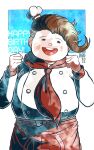  1boy apron blue_background blush_stickers bow brown_hair chef_hat commentary_request cowboy_shot dangan_ronpa_(series) dangan_ronpa_2:_goodbye_despair dated double-breasted facing_viewer fat fat_man hanamura_teruteru hands_up happy_birthday hat kiri_(2htkz) male_focus mini_hat neckerchief open_mouth red_apron red_bow simple_background smile solo star_(symbol) star_print upper_teeth 