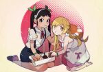  2girls :t backpack bag bakemonogatari black_skirt blonde_hair blurry blurry_background blush bow brown_eyes closed_mouth depth_of_field doughnut dress fingernails food green_bow hachikuji_mayoi hair_bow hair_flaps halftone kneeling kuroi_moyamoya long_dress long_hair looking_at_viewer monogatari_(series) multiple_girls neck_ribbon oshino_shinobu red_neckwear red_ribbon ribbon school_uniform shirt shoes short_sleeves skirt smile socks suspender_skirt suspenders twintails white_dress white_legwear white_shirt wristband yellow_eyes 