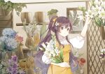  1girl absurdres apron blue_flower commentary florist flower flower_shop hair_ribbon hand_up highres holding holding_flower indoors leaf lily_(flower) long_hair looking_at_viewer mo_qingxian parted_lips plant potted_plant purple_flower purple_hair red_flower ribbon shelf shirt shop solo standing sunflower symbol_commentary upper_body very_long_hair violet_eyes vocaloid vsinger white_flower white_shirt yellow_apron yellow_ribbon yue_yuan_(1234qwea) 