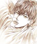  1boy arms_behind_head azuma_(paradise) bangs brown_eyes brown_hair cardigan chips commentary eyebrows_visible_through_hair food hair_between_eyes long_sleeves looking_at_viewer lying male_focus mashima_shima monochrome mouth_hold on_back paradise_(visual_novel) sepia short_hair simple_background solo 