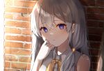  1girl :&lt; bare_shoulders blush brick_wall character_request chromatic_aberration closed_mouth expressionless face hair_between_eyes hair_over_shoulder hand_on_own_chin highres knowa long_hair looking_at_viewer majo_no_tabitabi silver_hair solo stick upper_body violet_eyes yellow_neckwear 