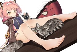  1girl absurdres ahoge azur_lane bangs barefoot blue_swimsuit breasts brown_jacket cat character_name chinese_commentary commentary_request diamond-shaped_pupils diamond_(shape) feet frown hair_intakes hairband highres hood hood_down hooded_jacket iron_cross jacket looking_at_viewer one-piece_swimsuit pink_hair short_hair sidelocks sitting small_breasts solo submarine swimsuit symbol-shaped_pupils tattoo toes u-81_(azur_lane) watercraft woc_(2072878058) yellow_eyes 