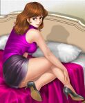  1girl bangs bed black_eyes black_footwear breasts brown_hair closed_mouth from_behind high_heels long_hair looking_at_viewer lupin_iii medium_breasts mine_fujiko miniskirt on_bed pencil_skirt pillow pumps purple_shirt purple_skirt shadow shirt sitting sitting_on_bed skirt sleeveless sleeveless_shirt smile solo toten_(der_fuhrer) 