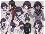  1girl 2boys absurdres ahoge angry arm_grab arms_up bangs black_hair black_jacket black_pants bojue_(hakus_1128) border checkered checkered_background checkered_neckwear checkered_scarf clenched_teeth closed_eyes closed_mouth commentary_request dangan_ronpa_(series) dangan_ronpa_v3:_killing_harmony double-breasted evil_grin evil_smile grey_background grin hair_ornament hair_scrunchie harukawa_maki highres holding jacket long_sleeves looking_at_viewer male_focus multiple_boys multiple_views neck_grab open_mouth ouma_kokichi pants plaid profile red_scrunchie saihara_shuuichi scarf scrunchie shaded_face shirt smile star-shaped_pupils star_(symbol) striped_jacket sweat symbol-shaped_pupils teeth upper_body white_border 