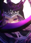  1girl blurry_foreground chain fate/grand_order fate_(series) floating_hair highres hood hood_up long_hair looking_at_viewer medusa_(lancer)_(fate) purple_hair solo upper_body violet_eyes yuurei447 