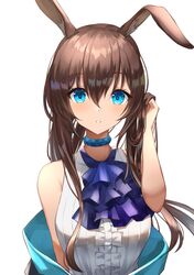  1girl amiya_(arknights) animal_ears arknights ascot bangs bare_shoulders blue_choker blue_eyes blue_neckwear blush breasts brown_hair choker commentary eyebrows_visible_through_hair hair_between_eyes hand_up highres jacket jacket_removed kanaria_(kanari_as) long_hair looking_at_viewer rabbit_ears shirt sidelocks simple_background sleeveless sleeveless_shirt solo standing upper_body white_background white_shirt 